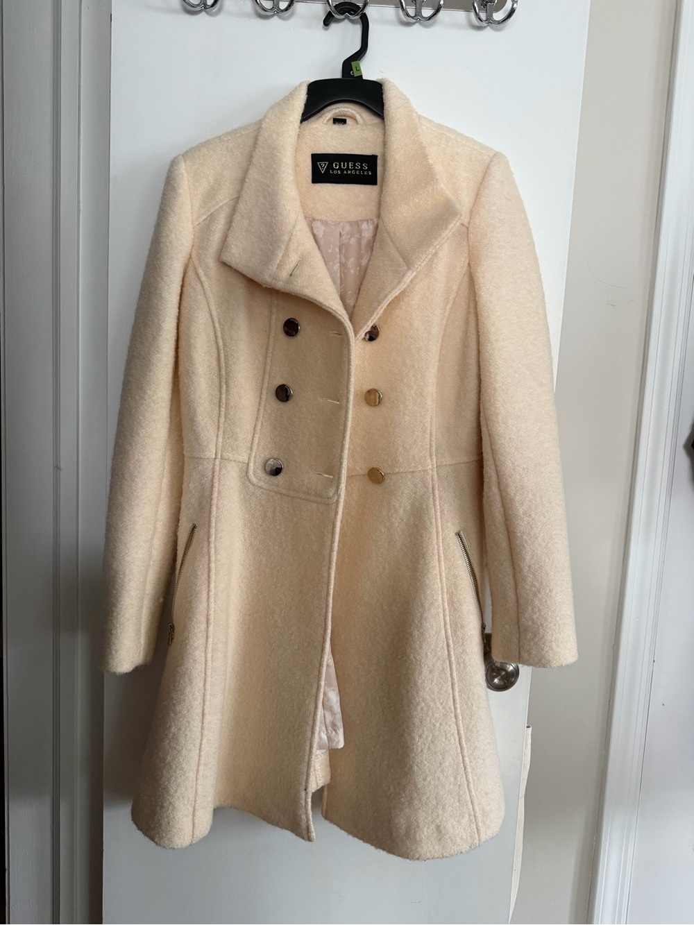 GUESS Cream Double-Breasted Pea Coat